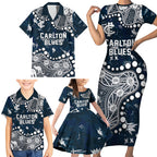 Personalized Carlton Blues Family Matching Short Sleeve Bodycon Dress and Hawaiian Shirt Aboriginal Pattern with Graffiti Style