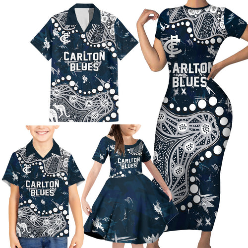 Personalized Carlton Blues Family Matching Short Sleeve Bodycon Dress and Hawaiian Shirt Aboriginal Pattern with Graffiti Style