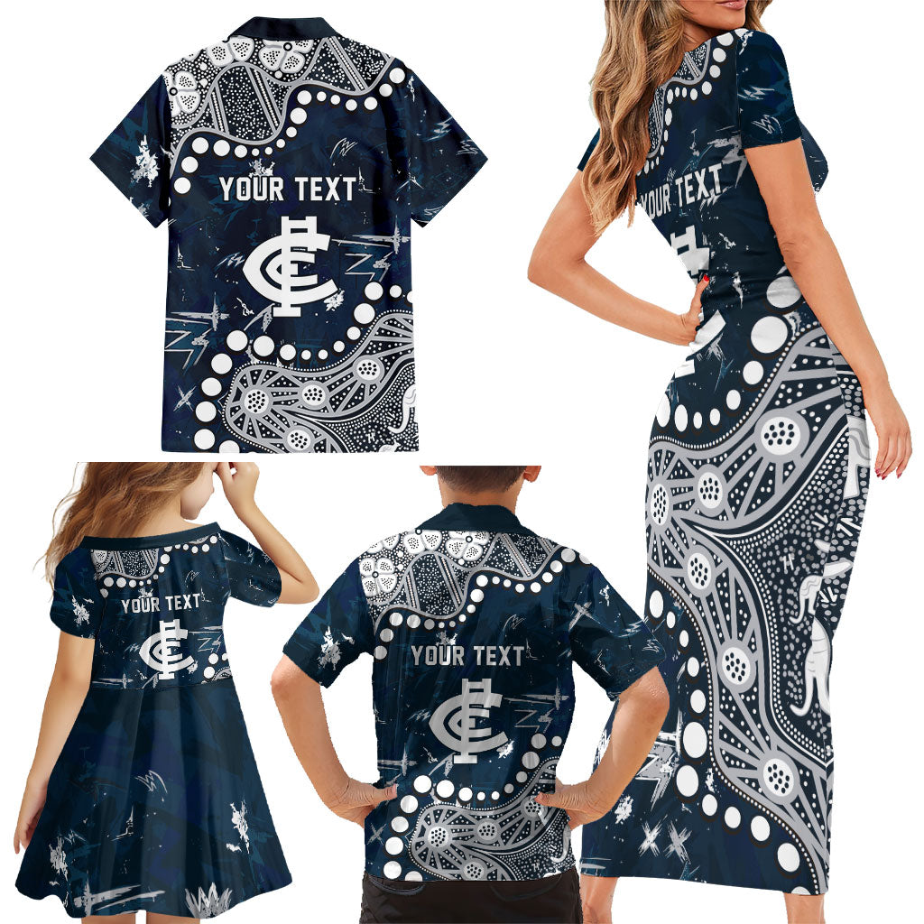 Personalized Carlton Blues Family Matching Short Sleeve Bodycon Dress and Hawaiian Shirt Aboriginal Pattern with Graffiti Style