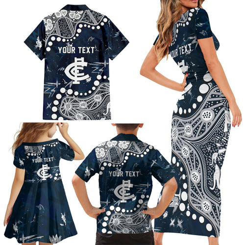 Personalized Carlton Blues Family Matching Short Sleeve Bodycon Dress and Hawaiian Shirt Aboriginal Pattern with Graffiti Style