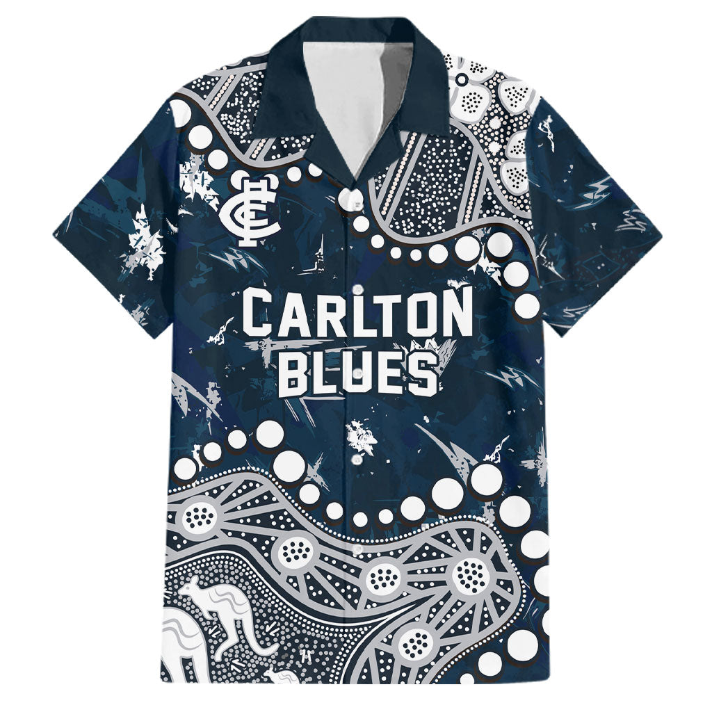 Personalized Carlton Blues Family Matching Short Sleeve Bodycon Dress and Hawaiian Shirt Aboriginal Pattern with Graffiti Style