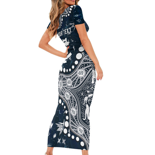 Personalized Carlton Blues Family Matching Short Sleeve Bodycon Dress and Hawaiian Shirt Aboriginal Pattern with Graffiti Style