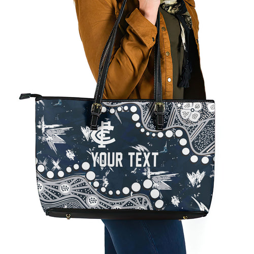 Personalized Carlton Blues Leather Tote Bag Aboriginal Pattern with Graffiti Style
