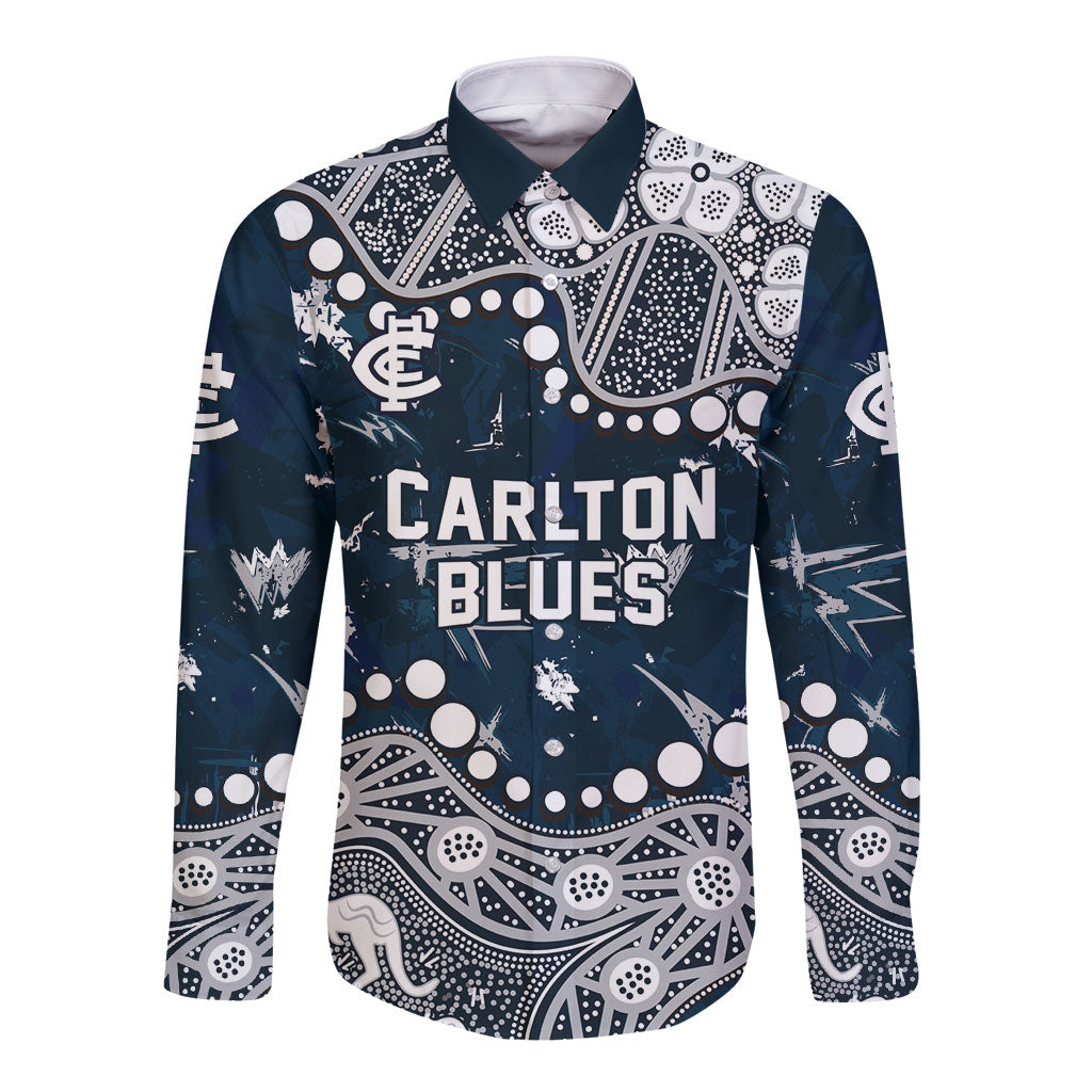 Personalized Carlton Blues Long Sleeve Button Shirt Aboriginal Pattern with Graffiti Style
