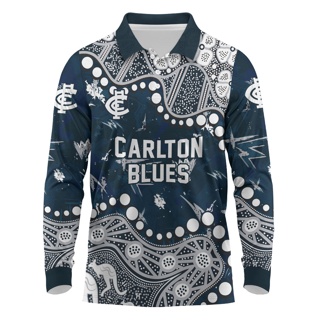 Personalized Carlton Blues Long Sleeve Polo Shirt Aboriginal Pattern with Graffiti Style