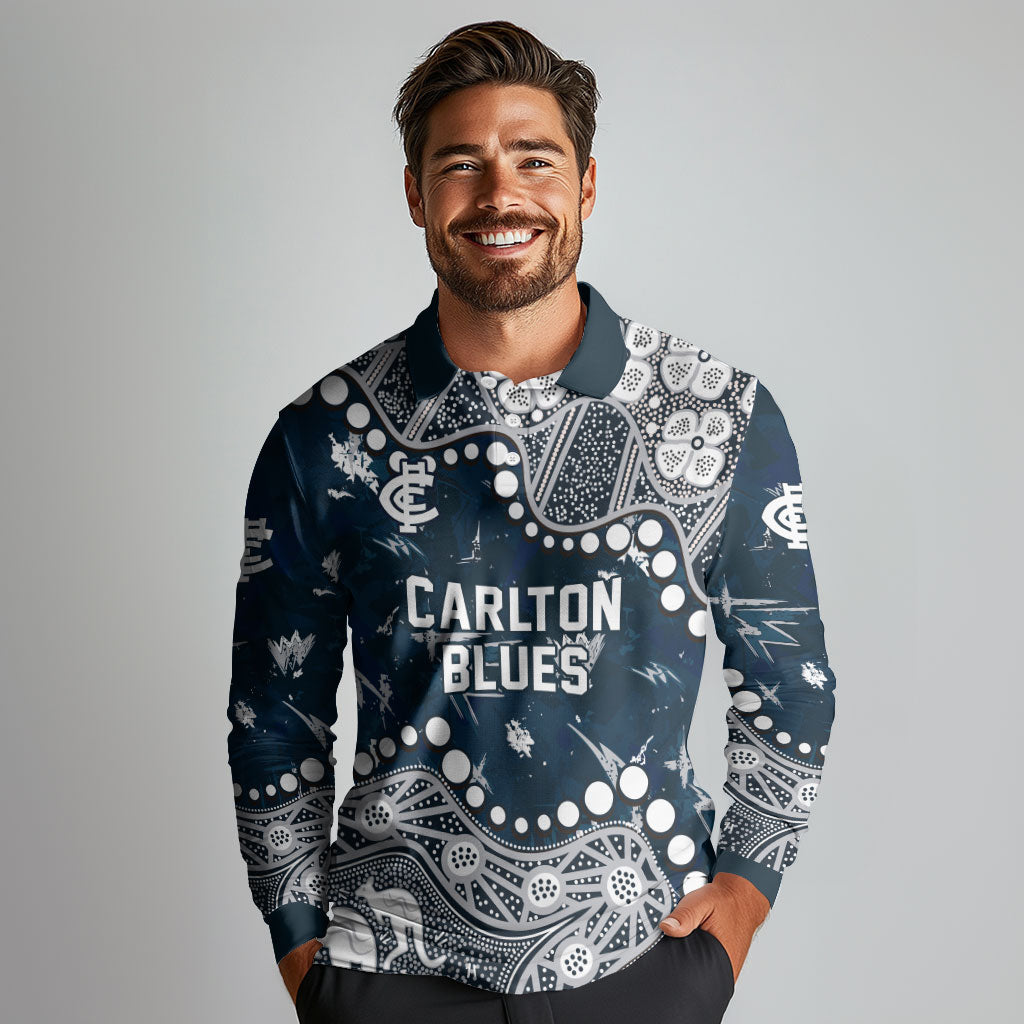 Personalized Carlton Blues Long Sleeve Polo Shirt Aboriginal Pattern with Graffiti Style