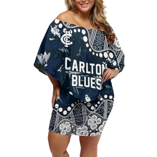 Personalized Carlton Blues Off Shoulder Short Dress Aboriginal Pattern with Graffiti Style