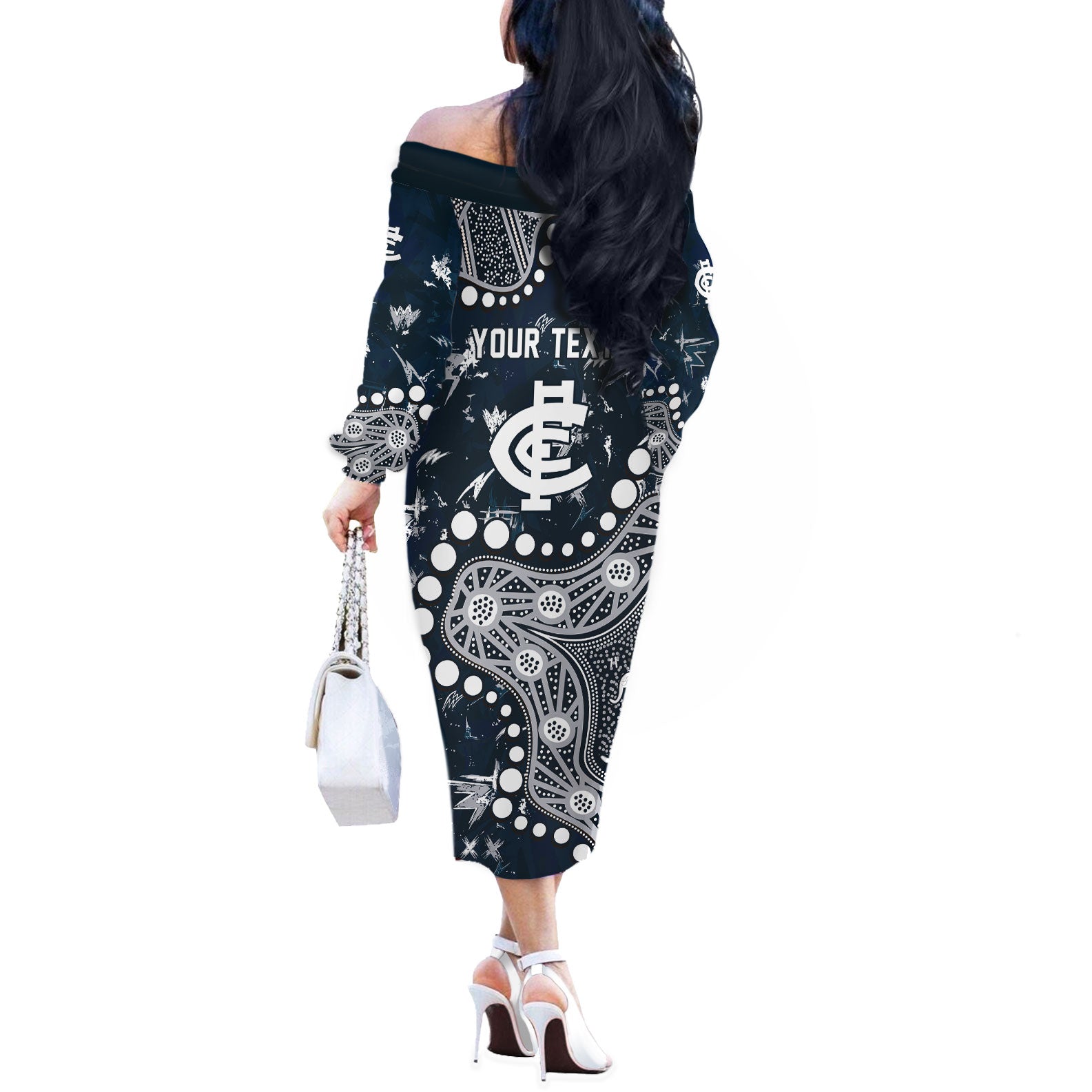 Personalized Carlton Blues Off The Shoulder Long Sleeve Dress Aboriginal Pattern with Graffiti Style