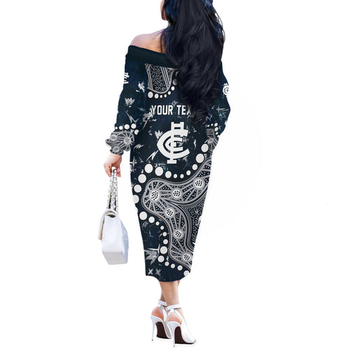 Personalized Carlton Blues Off The Shoulder Long Sleeve Dress Aboriginal Pattern with Graffiti Style