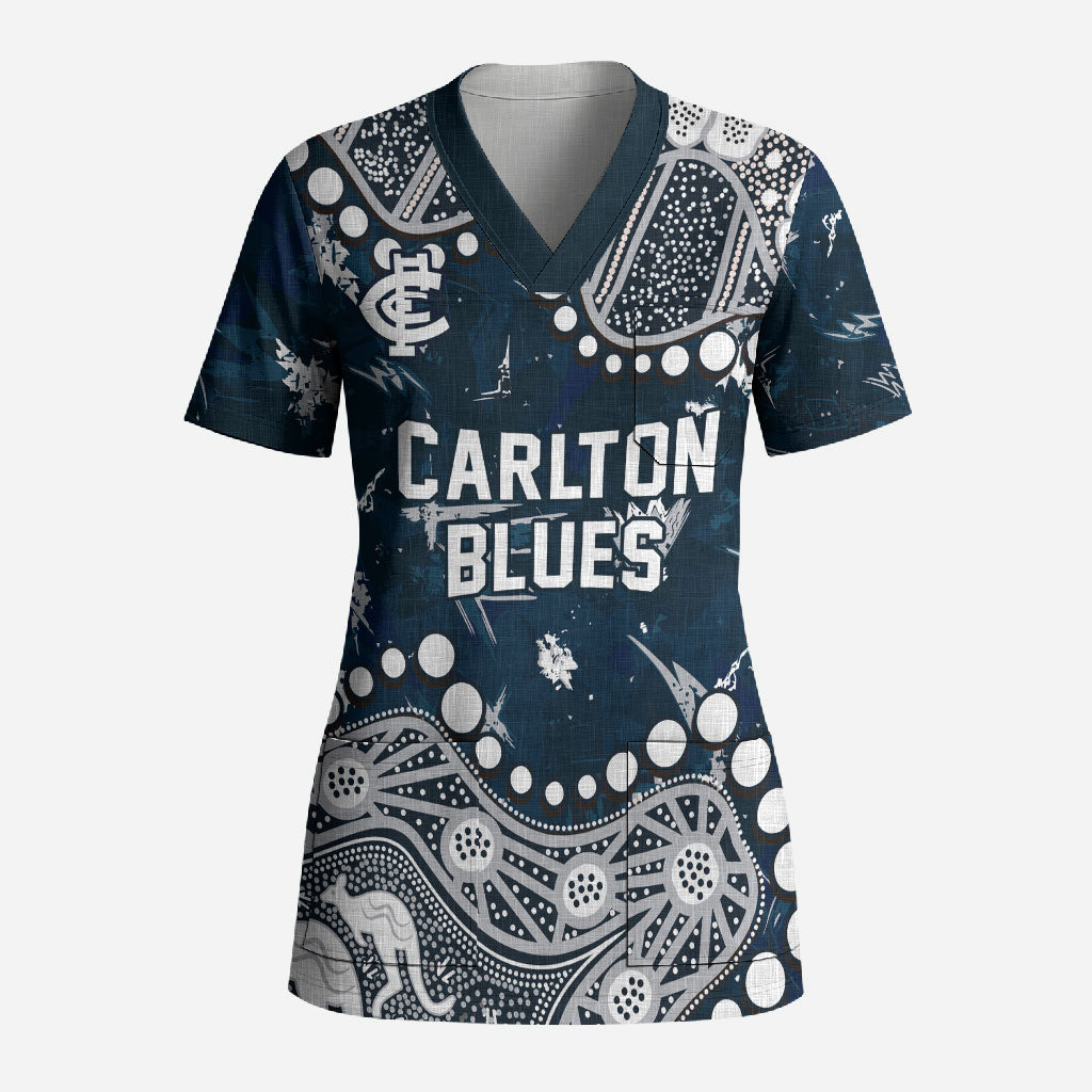 Personalized Carlton Blues Scrub Top Aboriginal Pattern with Graffiti Style