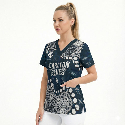 Personalized Carlton Blues Scrub Top Aboriginal Pattern with Graffiti Style