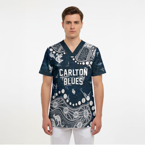 Personalized Carlton Blues Scrub Top Aboriginal Pattern with Graffiti Style