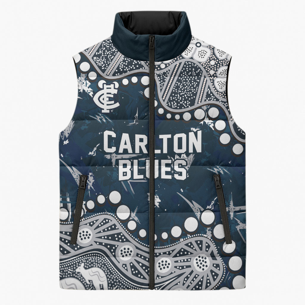 Personalized Carlton Blues Sleeveless Puffer Jacket Aboriginal Pattern with Graffiti Style