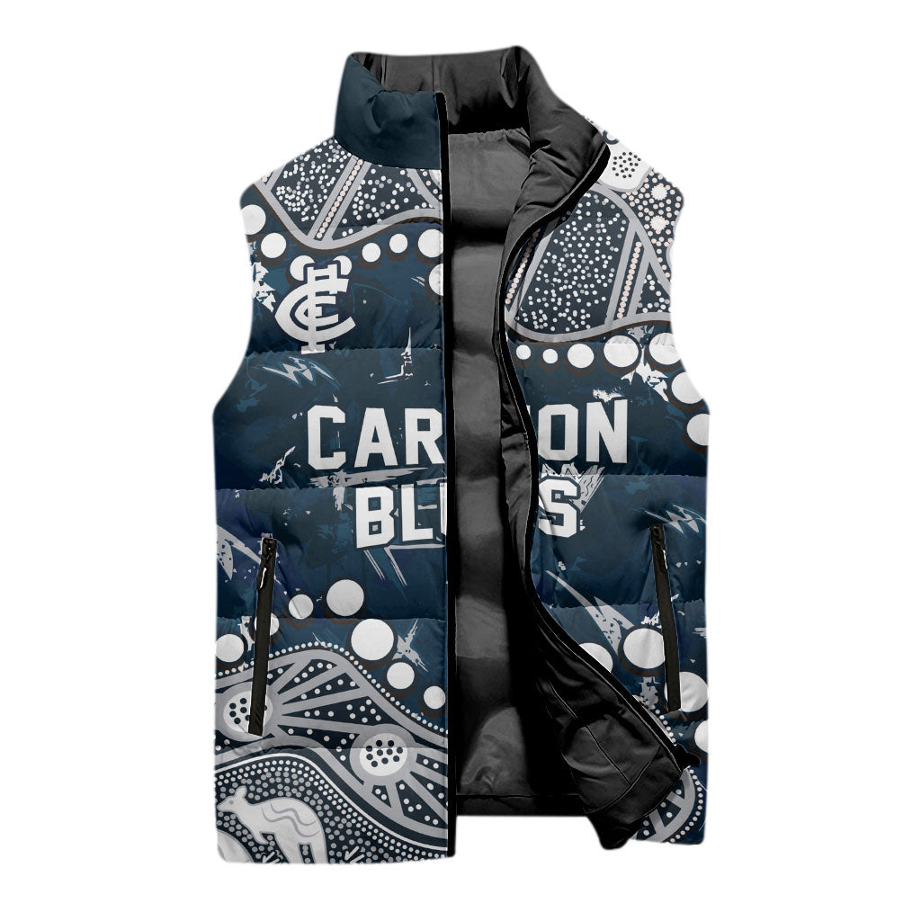 Personalized Carlton Blues Sleeveless Puffer Jacket Aboriginal Pattern with Graffiti Style