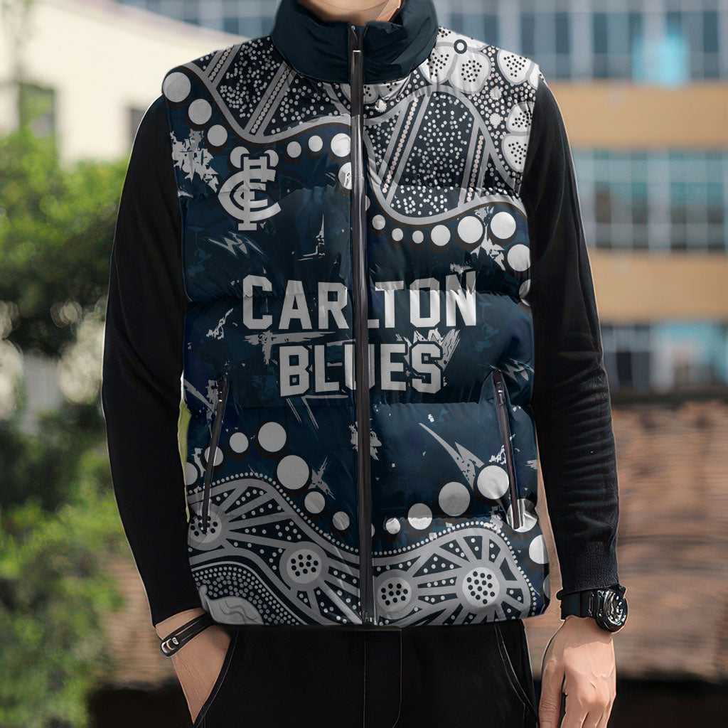 Personalized Carlton Blues Sleeveless Puffer Jacket Aboriginal Pattern with Graffiti Style