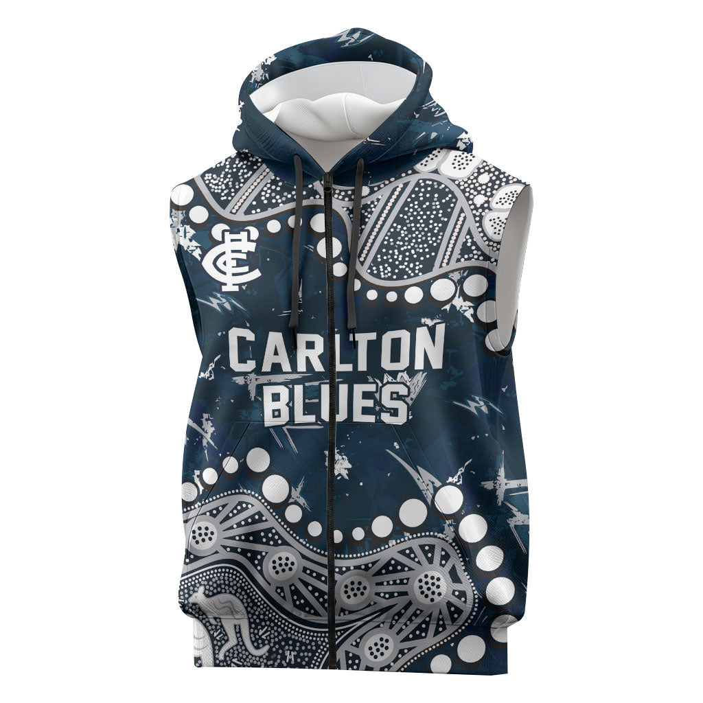Personalized Carlton Blues Sleeveless Zip Hoodie Aboriginal Pattern with Graffiti Style