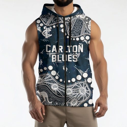 Personalized Carlton Blues Sleeveless Zip Hoodie Aboriginal Pattern with Graffiti Style