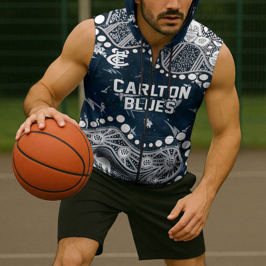 Personalized Carlton Blues Sleeveless Zip Hoodie Aboriginal Pattern with Graffiti Style