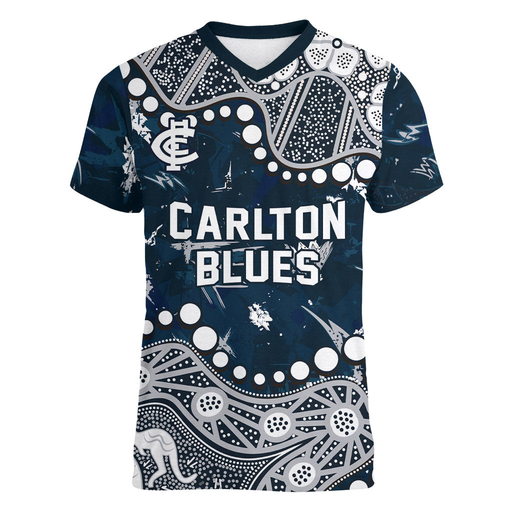 Personalized Carlton Blues Women V-Neck T-Shirt Aboriginal Pattern with Graffiti Style
