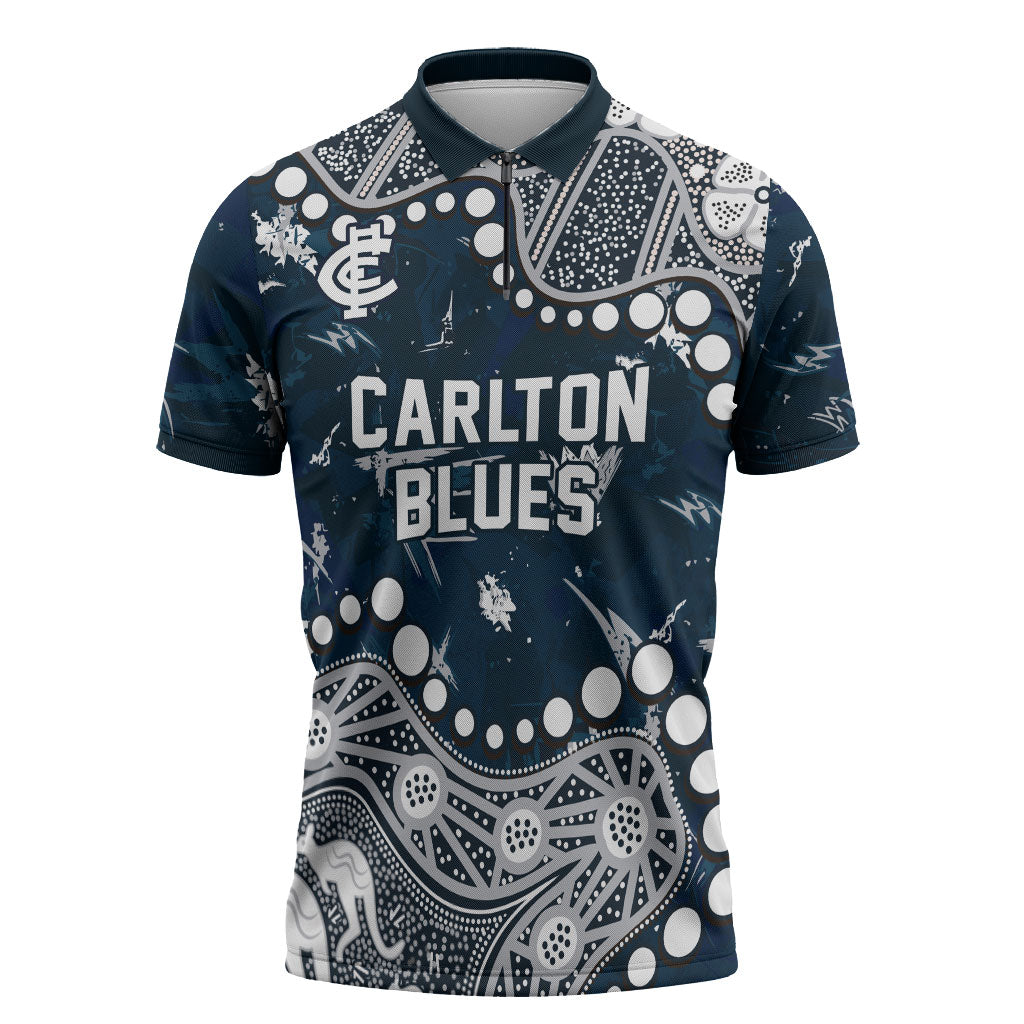 Personalized Carlton Blues Zipper Polo Shirt Aboriginal Pattern with Graffiti Style
