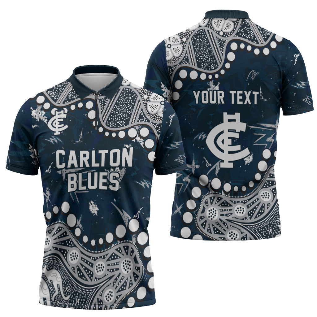 Personalized Carlton Blues Zipper Polo Shirt Aboriginal Pattern with Graffiti Style