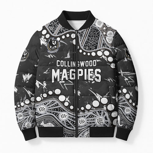 Personalized Collingwood Magpies Bomber Puffer Jacket Aboriginal Pattern with Graffiti Style