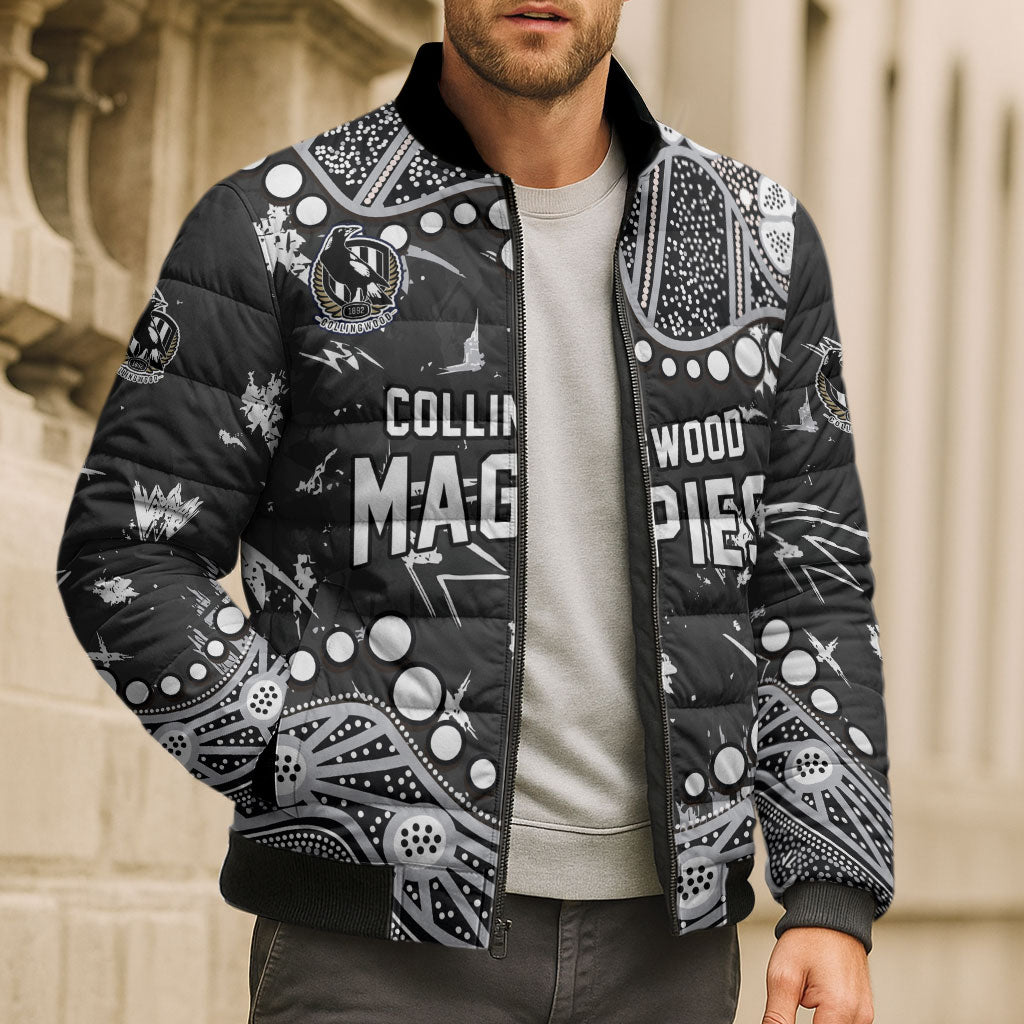 Personalized Collingwood Magpies Bomber Puffer Jacket Aboriginal Pattern with Graffiti Style