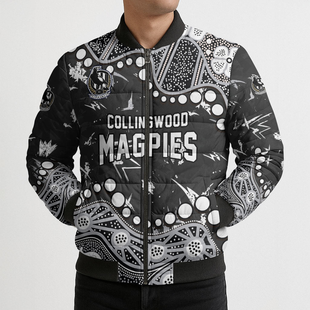 Personalized Collingwood Magpies Bomber Puffer Jacket Aboriginal Pattern with Graffiti Style