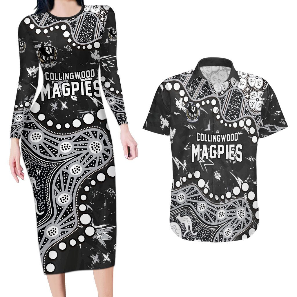 Personalized Collingwood Magpies Couples Matching Long Sleeve Bodycon Dress and Hawaiian Shirt Aboriginal Pattern with Graffiti Style