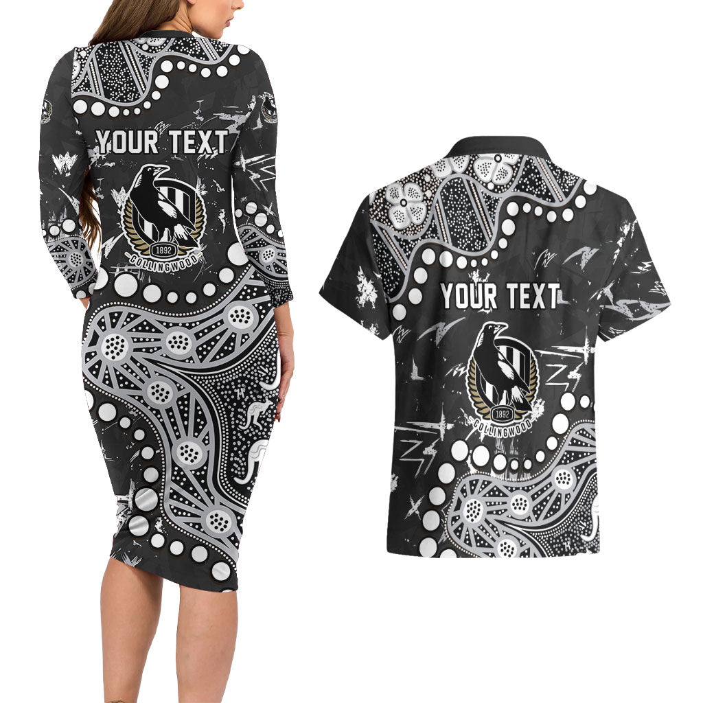 Personalized Collingwood Magpies Couples Matching Long Sleeve Bodycon Dress and Hawaiian Shirt Aboriginal Pattern with Graffiti Style