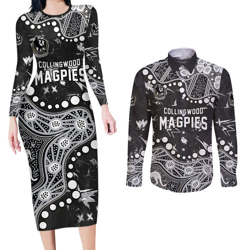 Personalized Collingwood Magpies Couples Matching Long Sleeve Bodycon Dress and Long Sleeve Button Shirt Aboriginal Pattern with Graffiti Style
