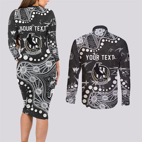 Personalized Collingwood Magpies Couples Matching Long Sleeve Bodycon Dress and Long Sleeve Button Shirt Aboriginal Pattern with Graffiti Style