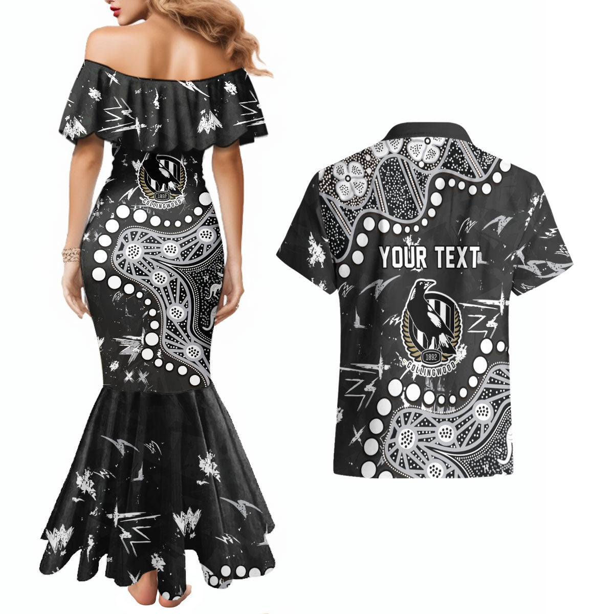 Personalized Collingwood Magpies Couples Matching Mermaid Dress and Hawaiian Shirt Aboriginal Pattern with Graffiti Style