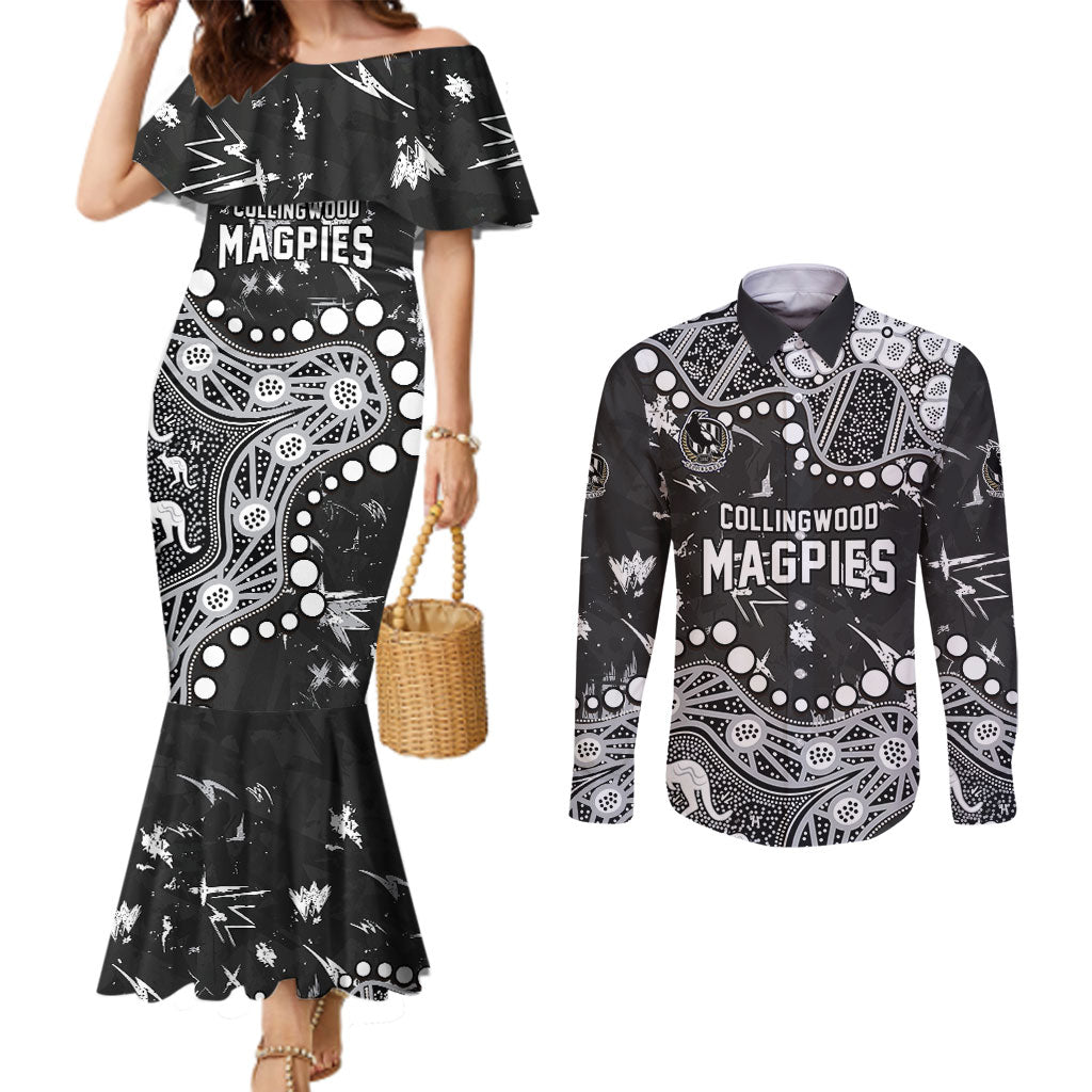 Personalized Collingwood Magpies Couples Matching Mermaid Dress and Long Sleeve Button Shirt Aboriginal Pattern with Graffiti Style