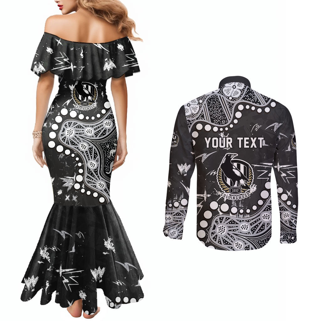 Personalized Collingwood Magpies Couples Matching Mermaid Dress and Long Sleeve Button Shirt Aboriginal Pattern with Graffiti Style