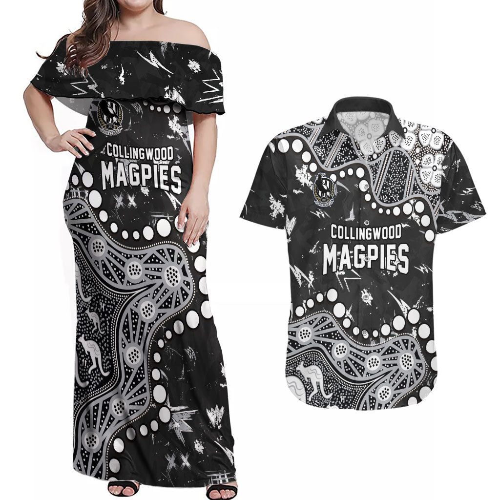 Personalized Collingwood Magpies Couples Matching Off Shoulder Maxi Dress and Hawaiian Shirt Aboriginal Pattern with Graffiti Style