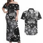 Personalized Collingwood Magpies Couples Matching Off Shoulder Maxi Dress and Hawaiian Shirt Aboriginal Pattern with Graffiti Style