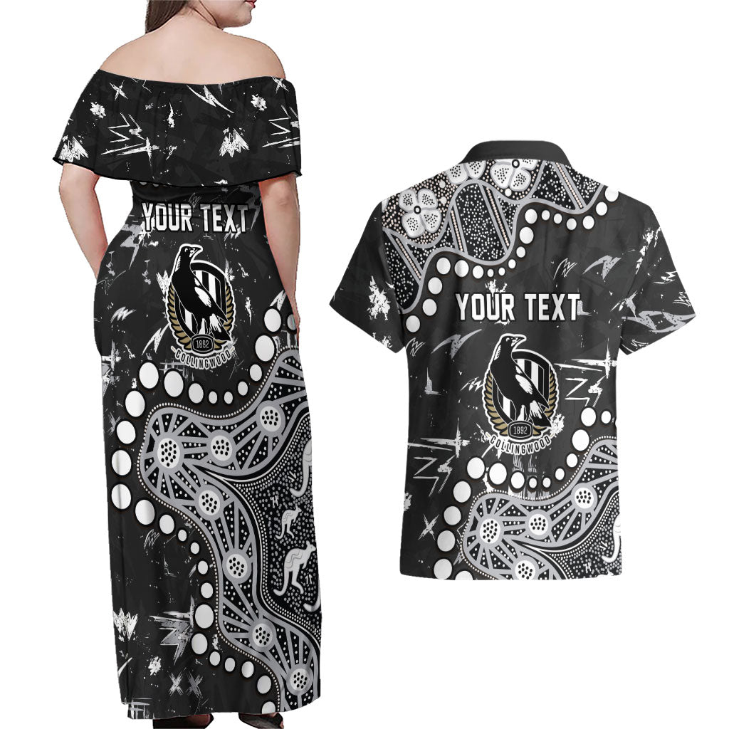 Personalized Collingwood Magpies Couples Matching Off Shoulder Maxi Dress and Hawaiian Shirt Aboriginal Pattern with Graffiti Style