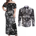 Personalized Collingwood Magpies Couples Matching Off Shoulder Maxi Dress and Long Sleeve Button Shirt Aboriginal Pattern with Graffiti Style