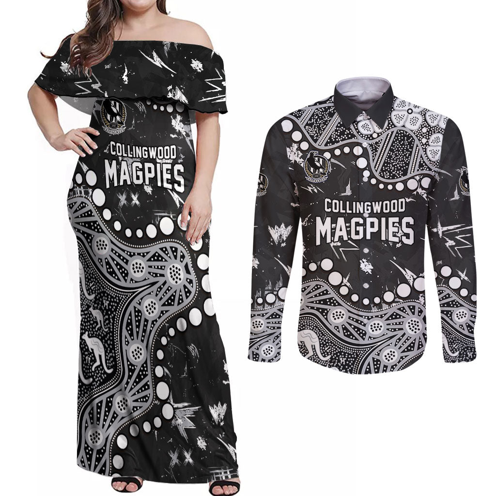 Personalized Collingwood Magpies Couples Matching Off Shoulder Maxi Dress and Long Sleeve Button Shirt Aboriginal Pattern with Graffiti Style