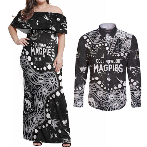 Personalized Collingwood Magpies Couples Matching Off Shoulder Maxi Dress and Long Sleeve Button Shirt Aboriginal Pattern with Graffiti Style