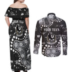 Personalized Collingwood Magpies Couples Matching Off Shoulder Maxi Dress and Long Sleeve Button Shirt Aboriginal Pattern with Graffiti Style