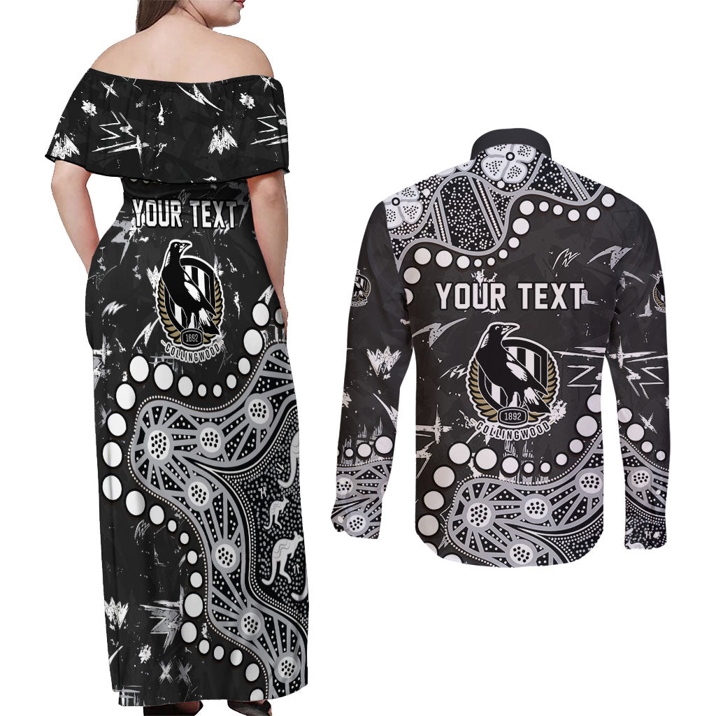 Personalized Collingwood Magpies Couples Matching Off Shoulder Maxi Dress and Long Sleeve Button Shirt Aboriginal Pattern with Graffiti Style