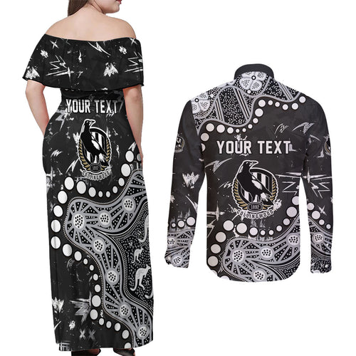 Personalized Collingwood Magpies Couples Matching Off Shoulder Maxi Dress and Long Sleeve Button Shirt Aboriginal Pattern with Graffiti Style
