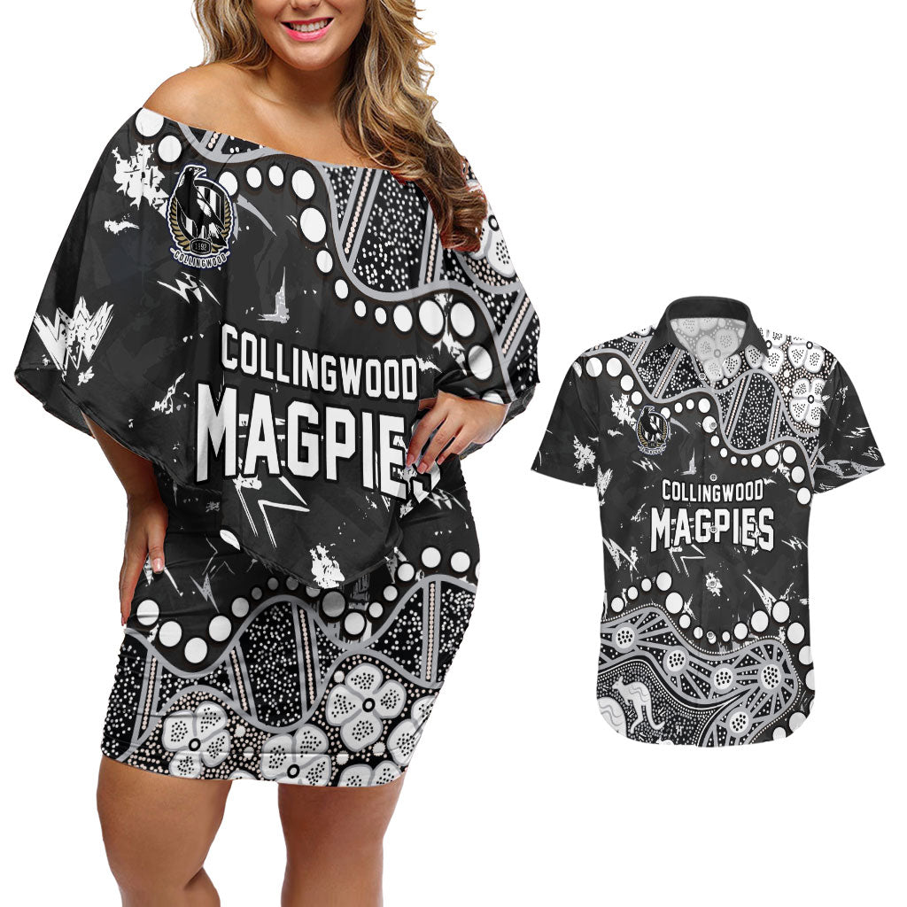 Personalized Collingwood Magpies Couples Matching Off Shoulder Short Dress and Hawaiian Shirt Aboriginal Pattern with Graffiti Style