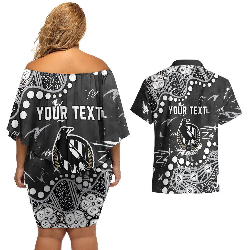 Personalized Collingwood Magpies Couples Matching Off Shoulder Short Dress and Hawaiian Shirt Aboriginal Pattern with Graffiti Style
