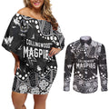 Personalized Collingwood Magpies Couples Matching Off Shoulder Short Dress and Long Sleeve Button Shirt Aboriginal Pattern with Graffiti Style