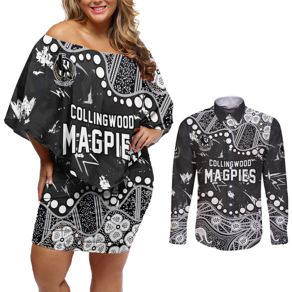 Personalized Collingwood Magpies Couples Matching Off Shoulder Short Dress and Long Sleeve Button Shirt Aboriginal Pattern with Graffiti Style