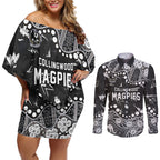 Personalized Collingwood Magpies Couples Matching Off Shoulder Short Dress and Long Sleeve Button Shirt Aboriginal Pattern with Graffiti Style