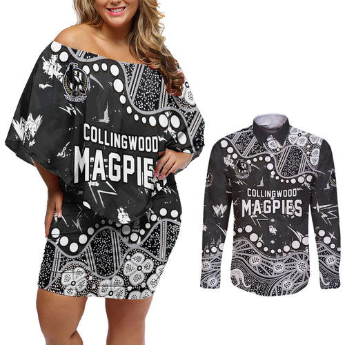 Personalized Collingwood Magpies Couples Matching Off Shoulder Short Dress and Long Sleeve Button Shirt Aboriginal Pattern with Graffiti Style